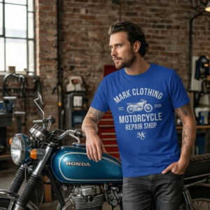 Motorcycle Repair Shop Blue Printed Tshirt
